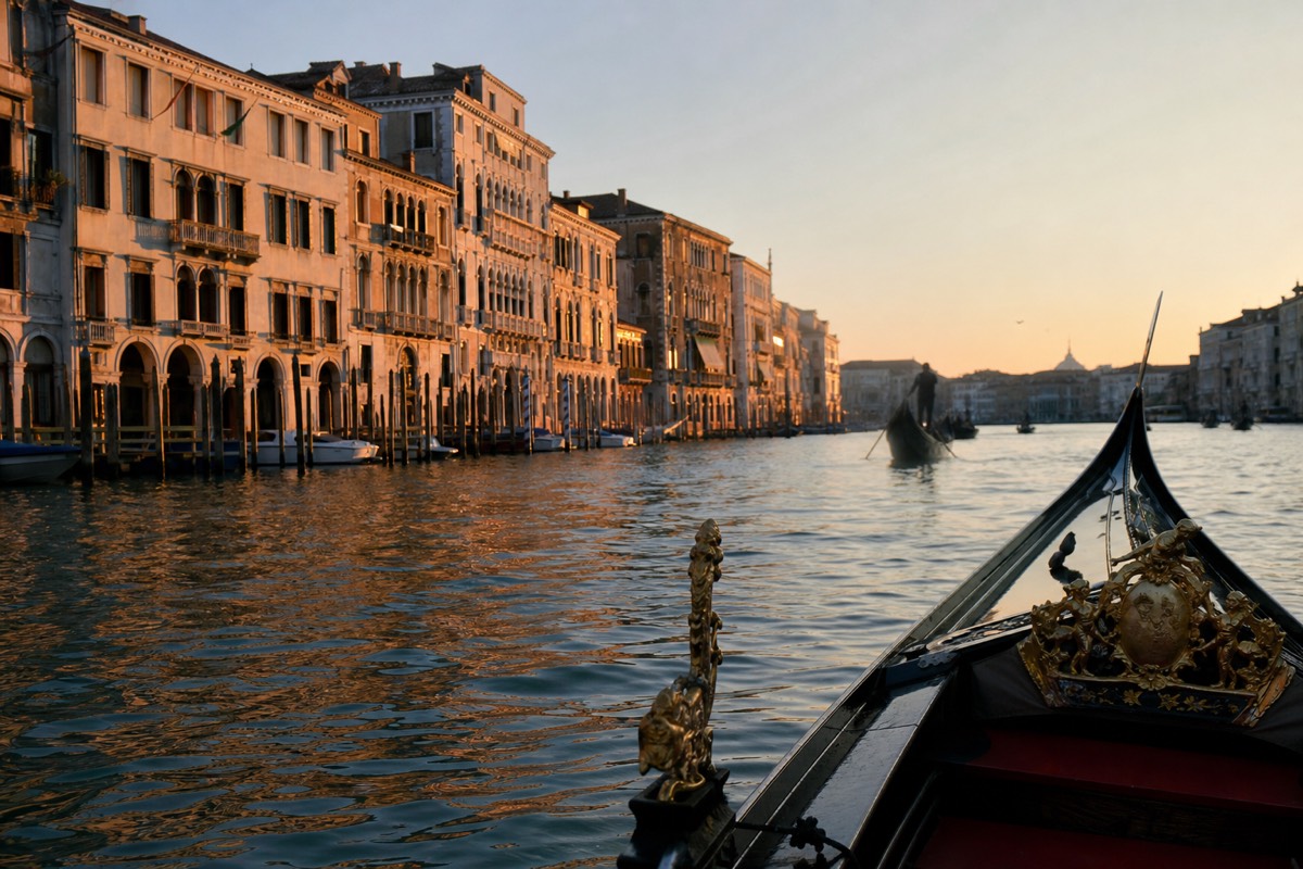 Gondola on Venice lagoon water at sunset with golden light on the palazzo windows